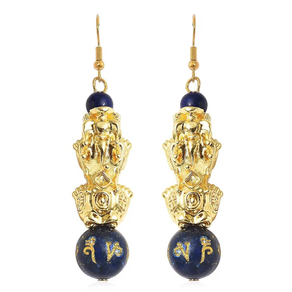 Feng Shui Lapis Lazuli Carved Beaded Pixiu Earrings in Goldtone  Stunning and in
